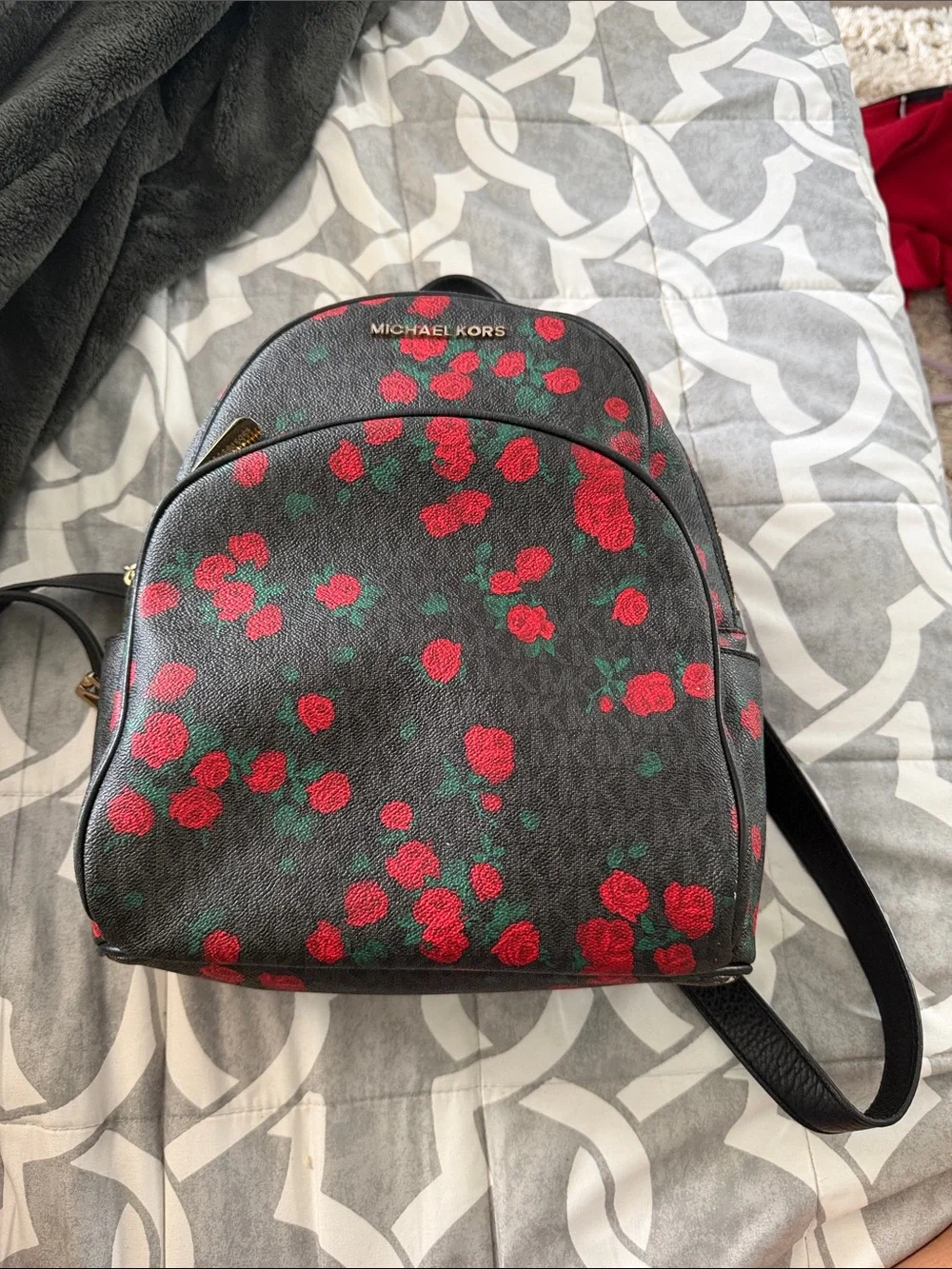 Michael Kors Black Backpack with Red Rose Print